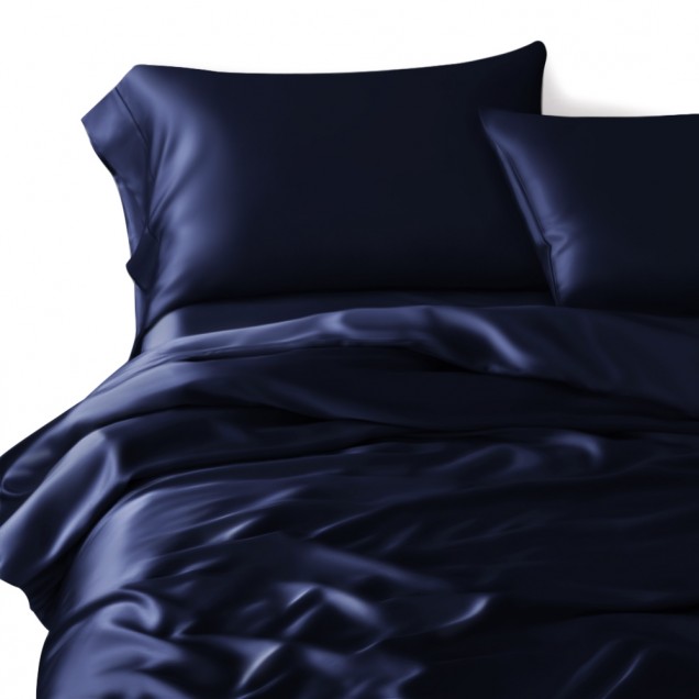 Best Navy 3 PCS 22 Momme Mulberry Silk Duvet Cover Set UK